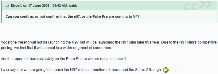 nokia n97 mini BlackBerry Storm 2 wil drop via VodaFone Ireland