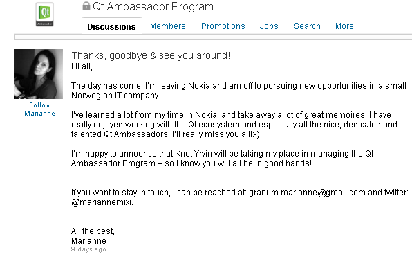 mixa leaves Nokia loses Qt Ambassadors moderator