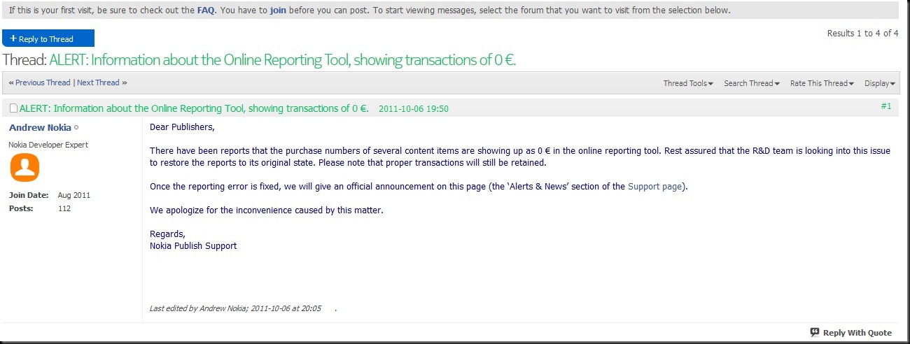 online reporting tool error thumb Nokia developer online revenue reporting tool shows error, transactions showing up as 0 Euros